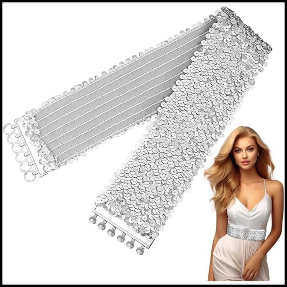 Sequin Elastic Belt, Wide Waist Cinch, Adjustable Stretchy Belt for Women main image 7